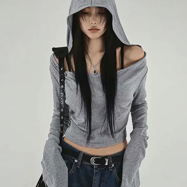 Vintage Hoodie Long sleeve T shirt Women Y2k Gray Off shoulder Top Sexy Cropped Tees Shirt Basic Blouse 2025 Fashion Streetwear