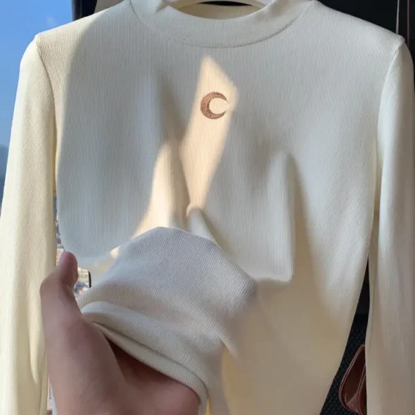 Casual Base Top Women Long Sleeve Tshirt Semi High Neck Moon Embroidery Korean Fashion Solid Color Versatile Spring New