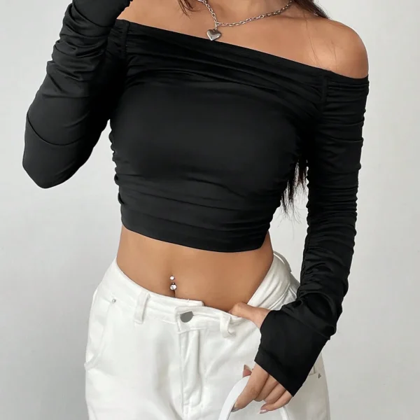 New line shoulder mesh long sleeve T-shirt women with slim-fit hottie sexy explosion street wear short top