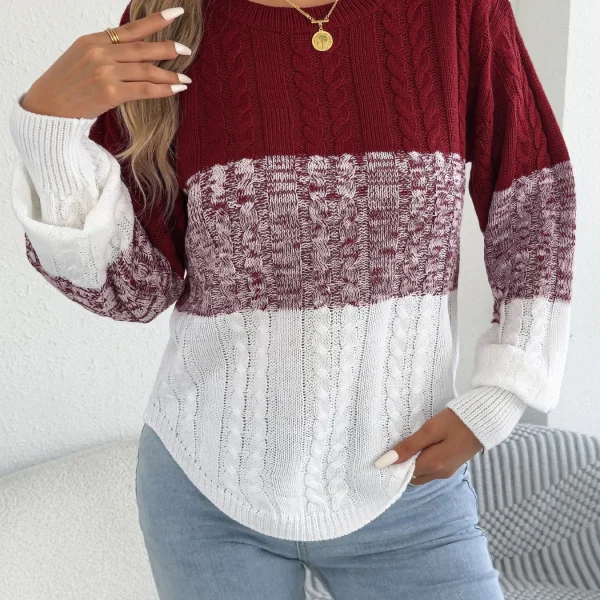 Woman Casual Color Block Striped Sweater Round Neck Lantern Long Sleeve Twist Knitted Tops for 2025 Autumn Winter Women Clothes