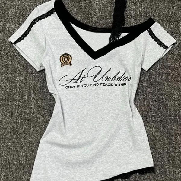 White-Gray Lace Sport Sexy Summer Off shoulder Top Women Y2k V neck Short sleeve T shirt Fashion Korean Lady Basic Tees 2025 New